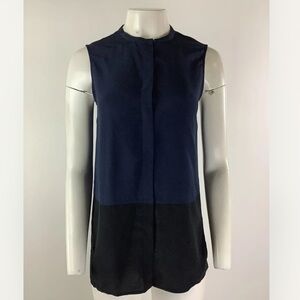 Vince Sz S 100% Silk Colorblock Tunic Blouse Blue Black Sleeveless Buttoned